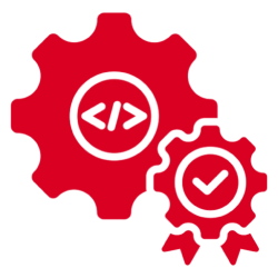Code and checkmark symbols on red gears