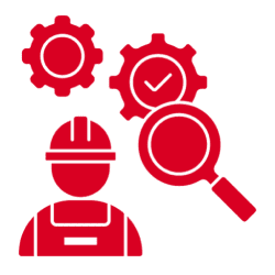Engineer with gears and magnifying glass symbol.