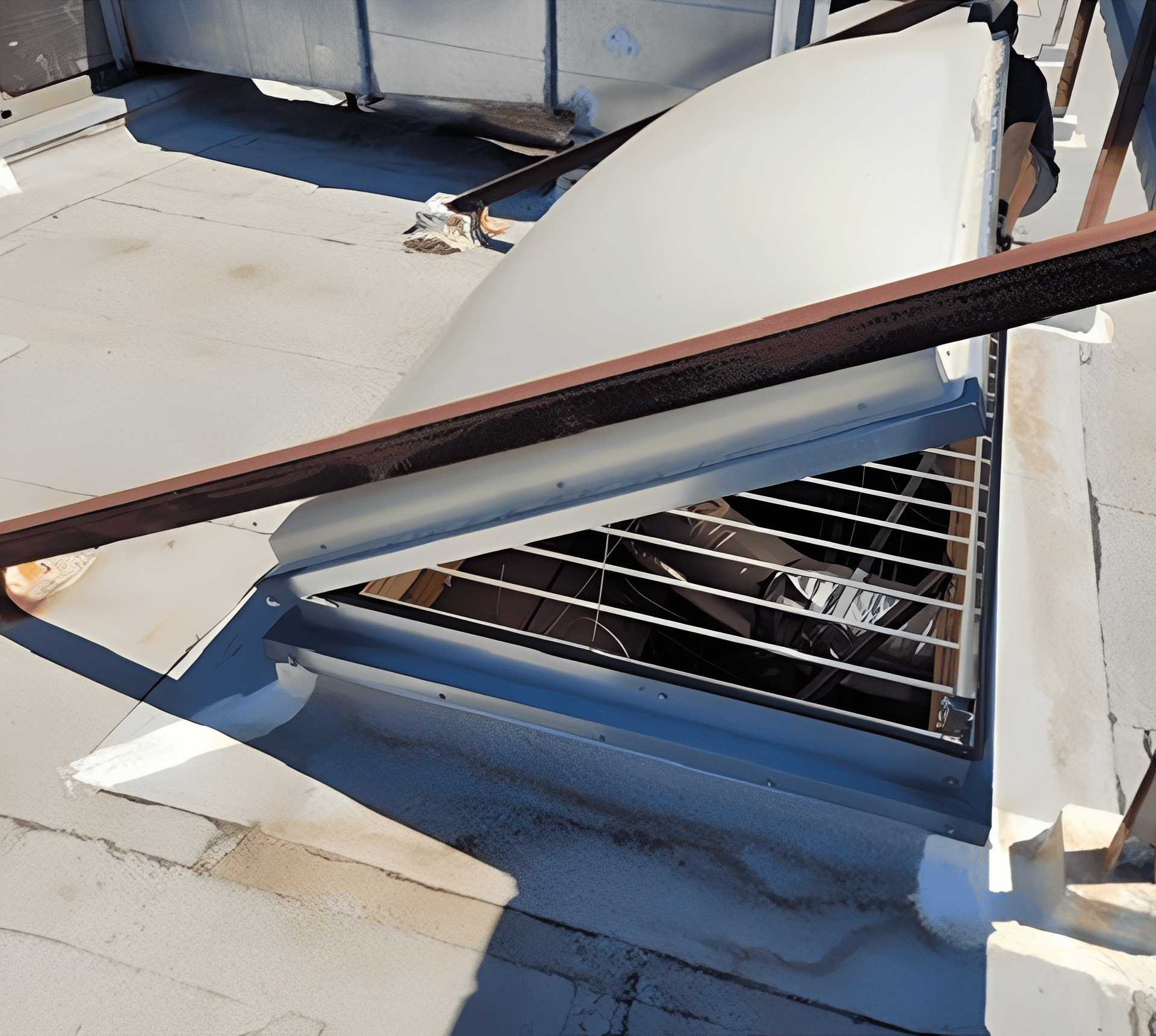Open rooftop skylight with protective bars.