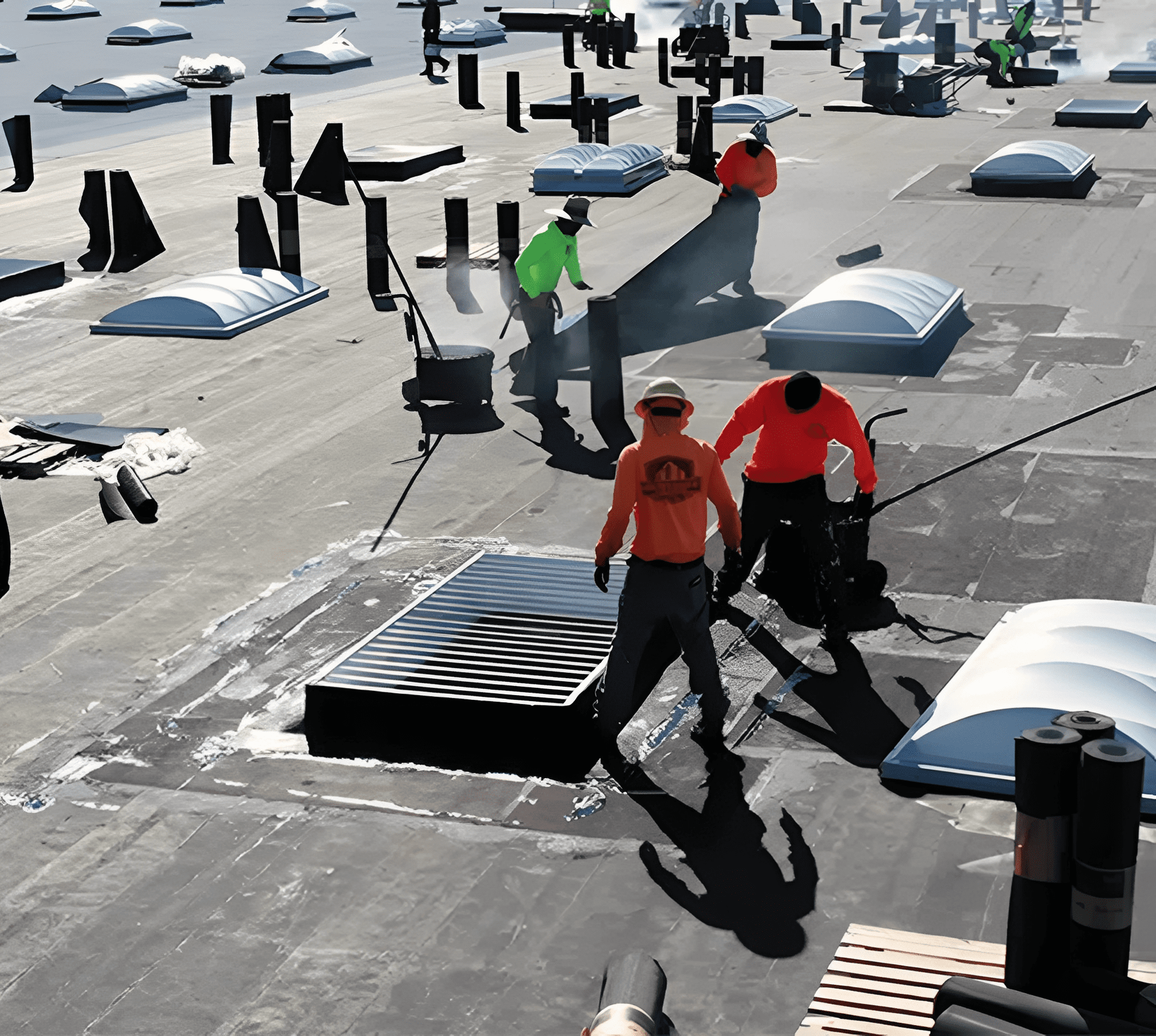 Workers installing material on flat rooftop.