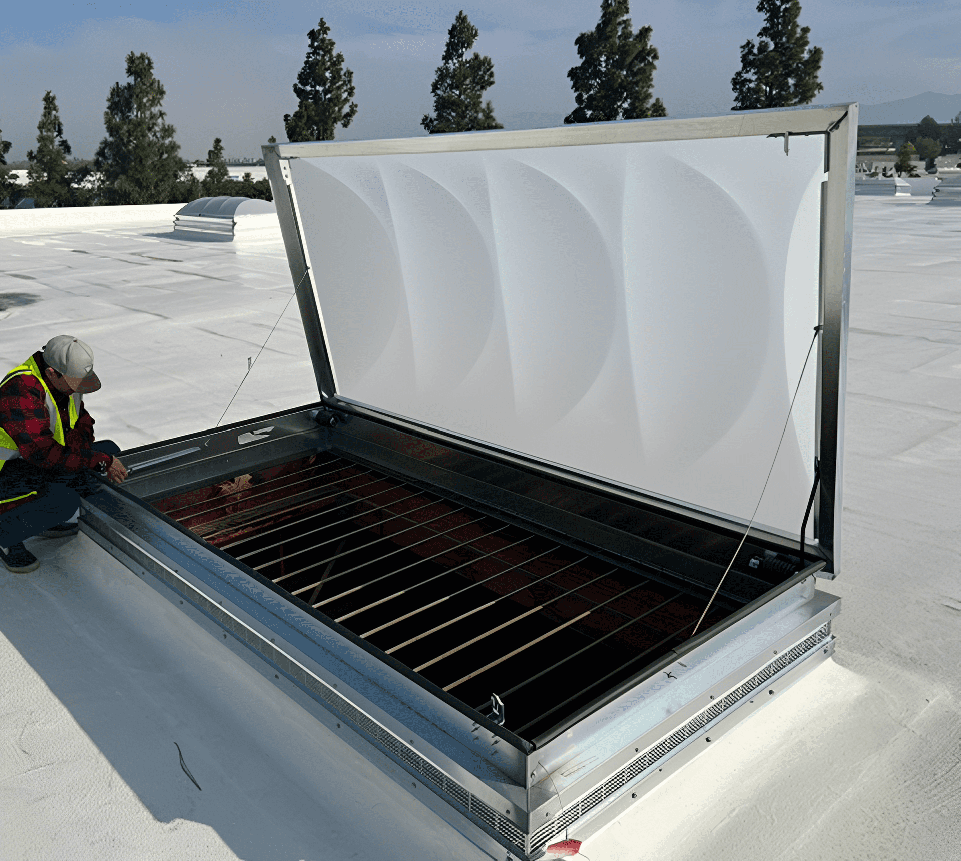 Worker inspecting open rooftop hatch.