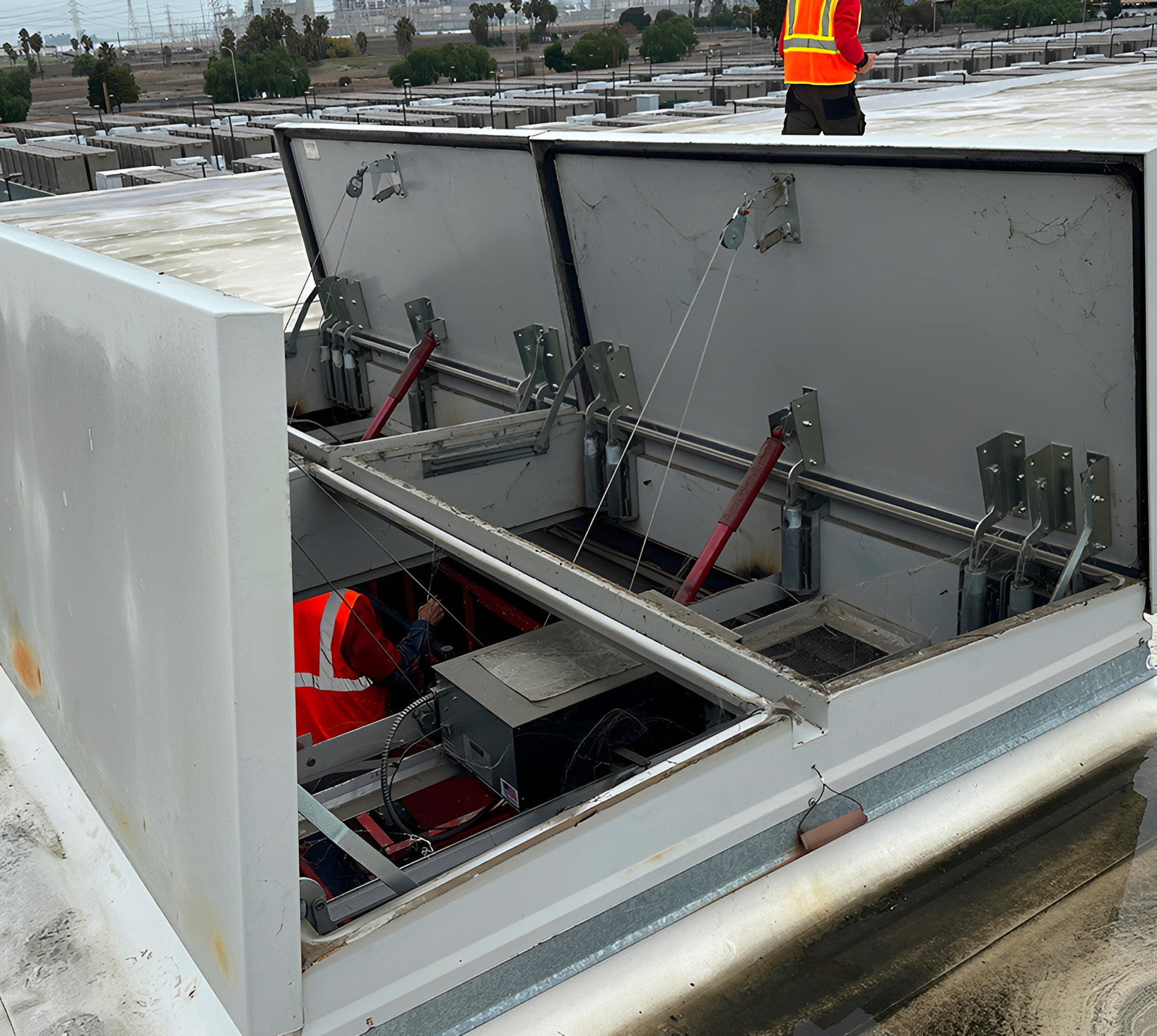 Workers inspecting open rooftop access panels.