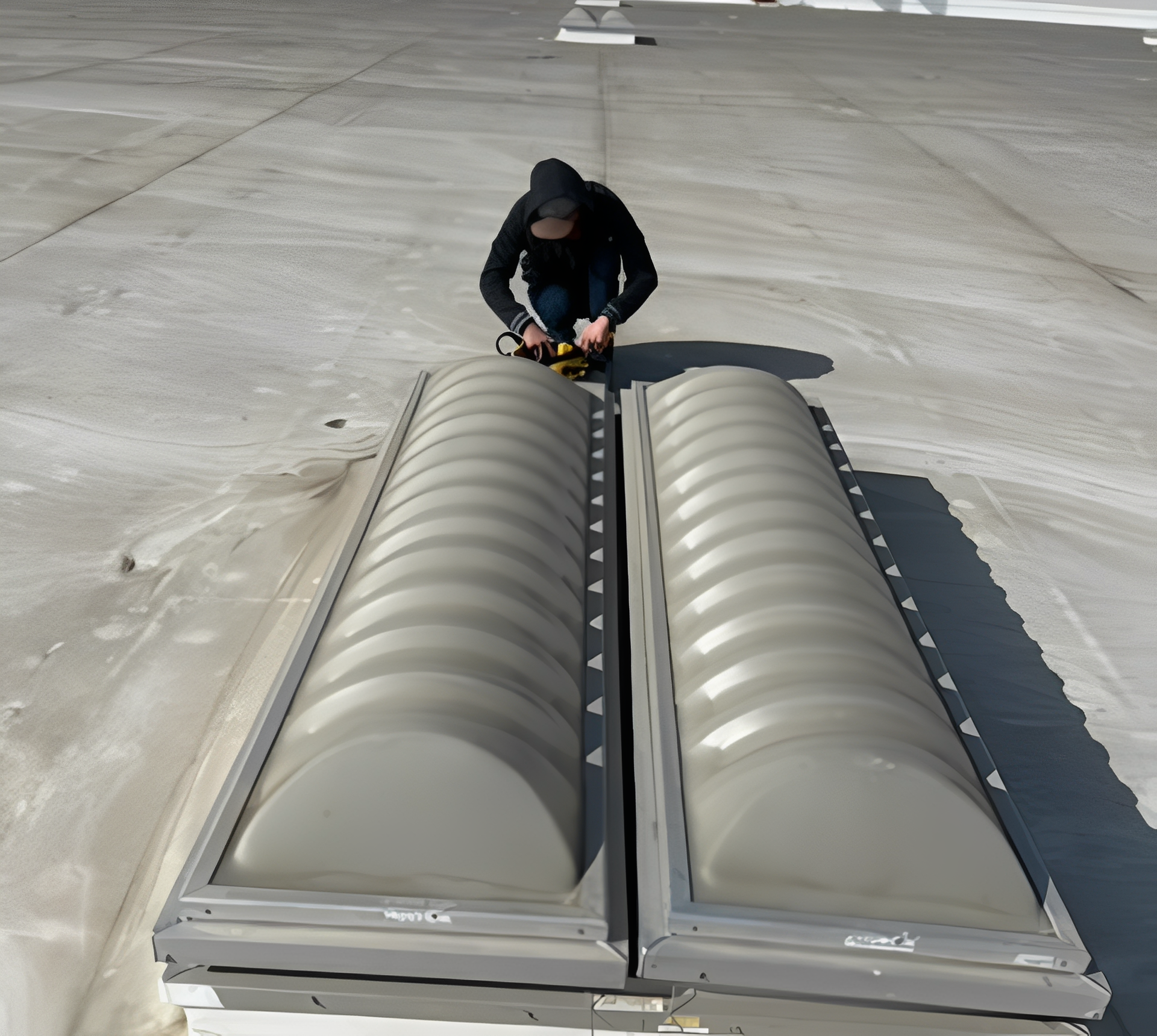 Person working on rooftop ventilation system.