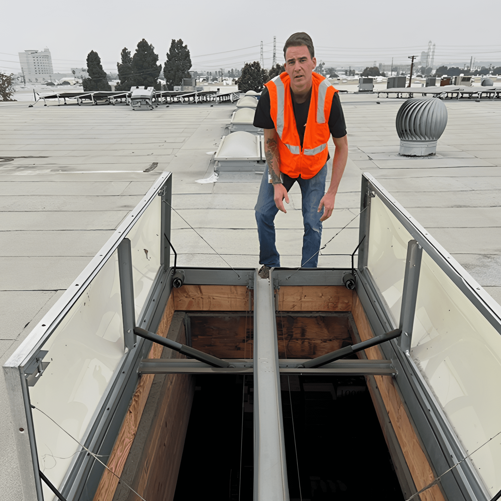 Man in safety vest on rooftop hatch.