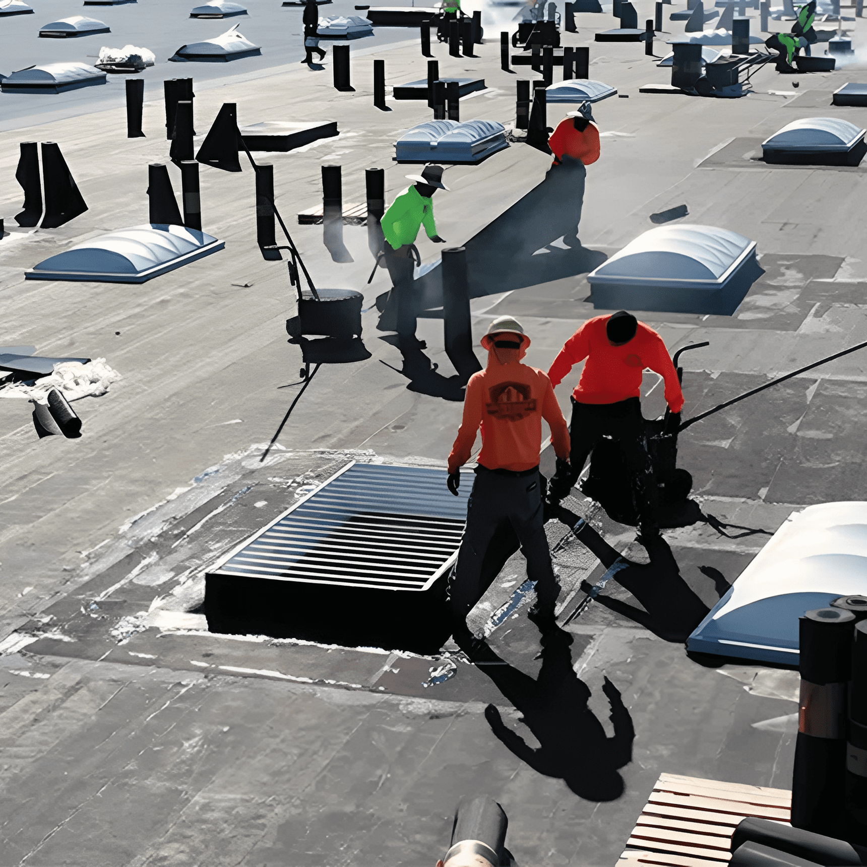 Workers installing material on flat rooftop.