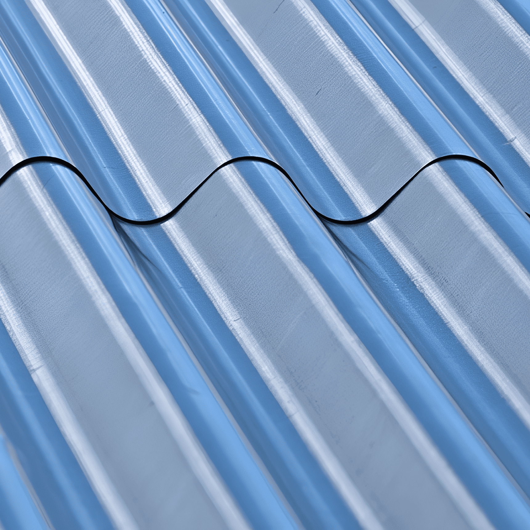 Corrugated blue metal roofing sheets close-up.