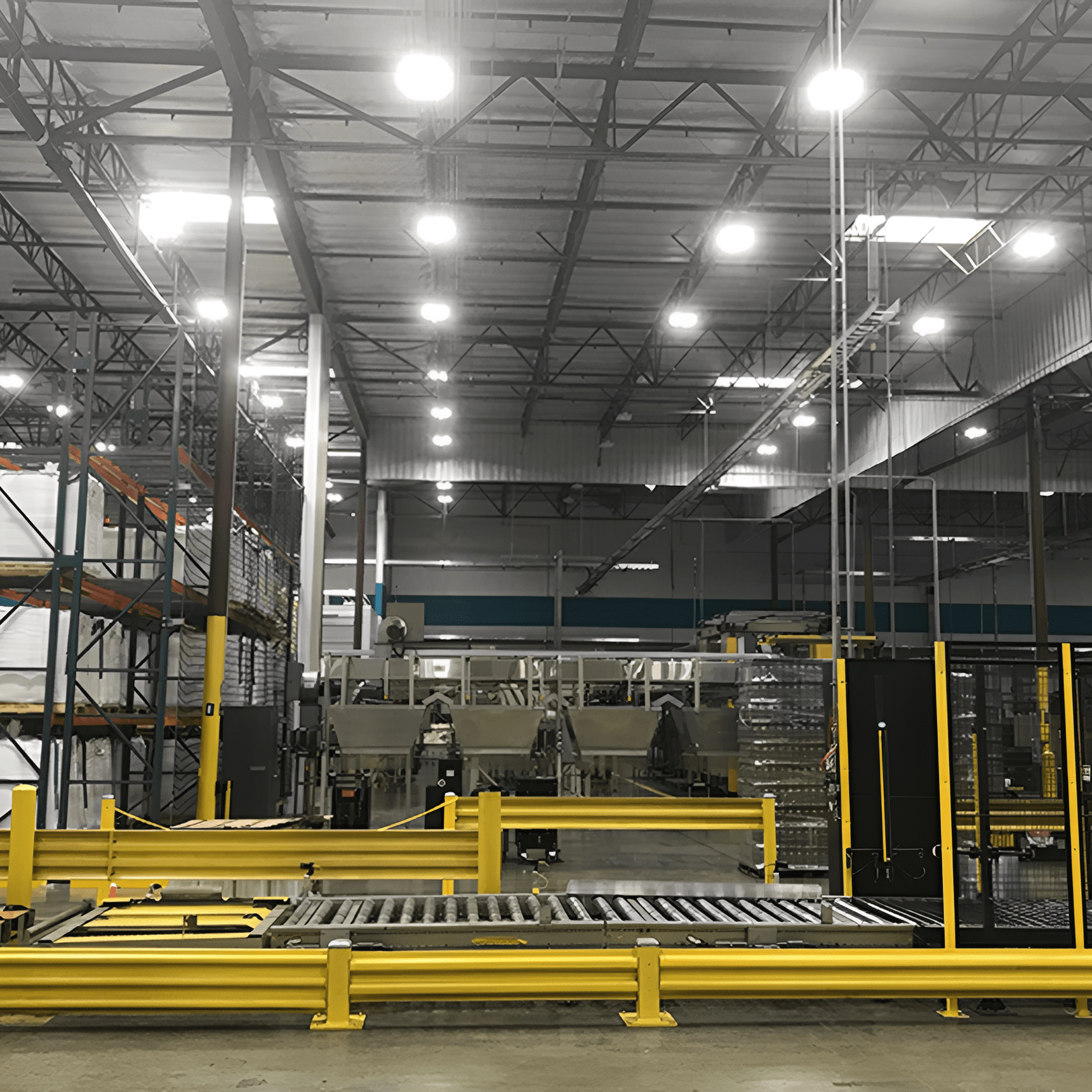 Warehouse interior with industrial equipment and lights.